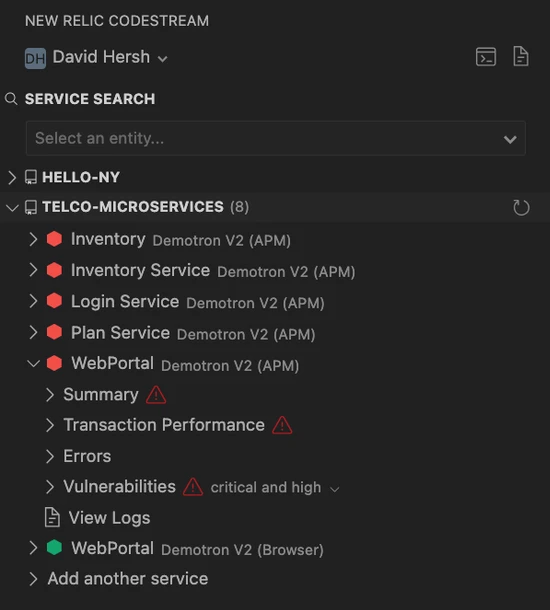 Performance data for your services An image showing performance data in the IDE.