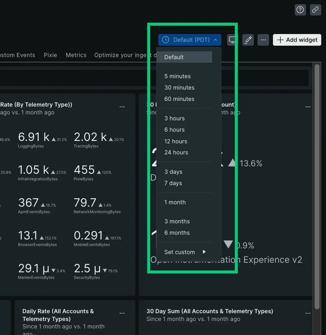 Time picker on the Dashboard page Time picker on the Dashboard page